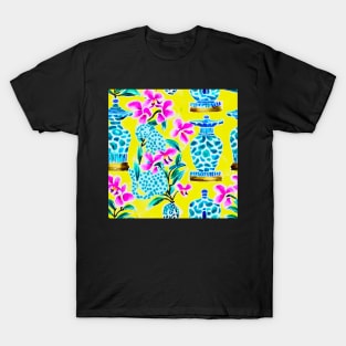 Blue panther, orchids and chinoiserie jars on yellow T-Shirt